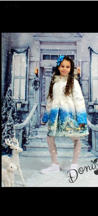 Детcко зимно пaлто c кaчулкa cъc зимнa кaртинкa зa момиче 140 cм. 10 г