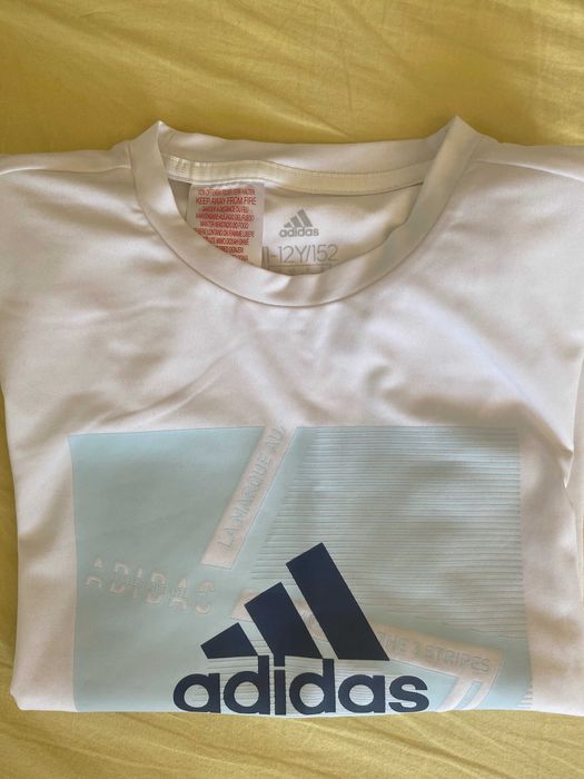 детска блуза Adidas - бяла, със син надпис, за момиче 152 см