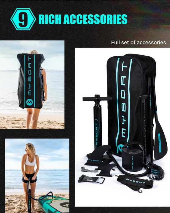 Нов, висок клас, широк 350 СМ надуваем падъл борд all-round SUP MYBOAT MY15 (Bass Hunter Green STD) в тюркоазено-зелен дизайн.