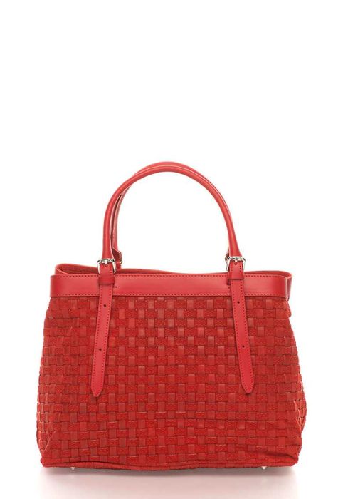 Червена велурена чанта с плетен дизайн