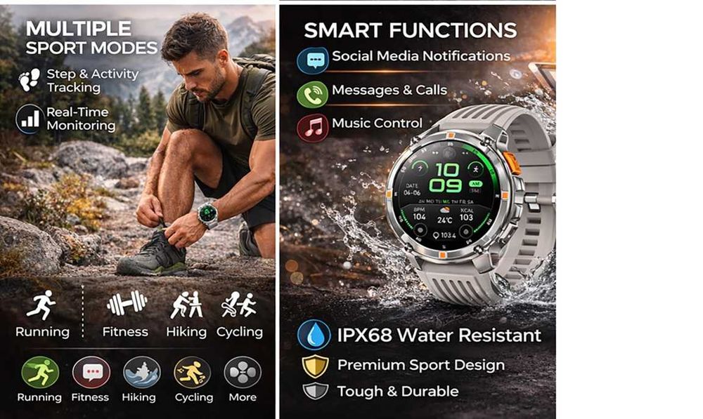 Smartwatch, ecran 1.7 HD, baterie 1100 mAh,autonomie 20-30 zille,IPS68