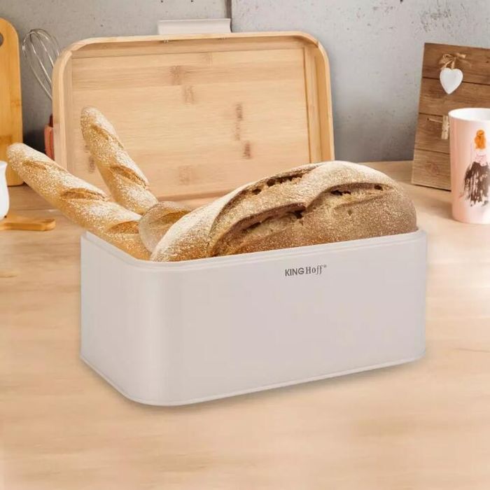 Cutie pentru paine, bej, cu capac din bambus, 30 × 20 × 14 cm,