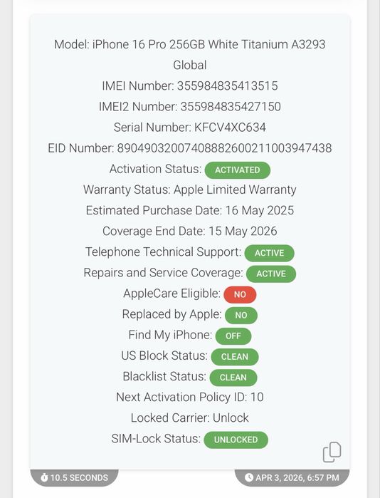 iPhone 16 Pro 256GB 91% White Titanium Neverlocked Alb