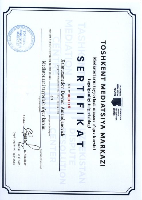 Адвокат ва Профессионал медиатор хизматлари