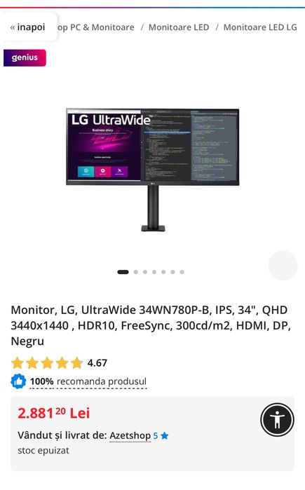 Monitor 4K, LG, UltraWide 34WN780P-B, IPS, 34", QHD 3440x1440