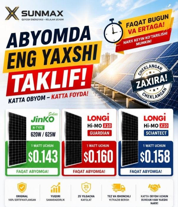 25 yil garantya JINKO SOLOR 625W 3,5 mln.LONGI HI-MO x10 650w 3,8mln