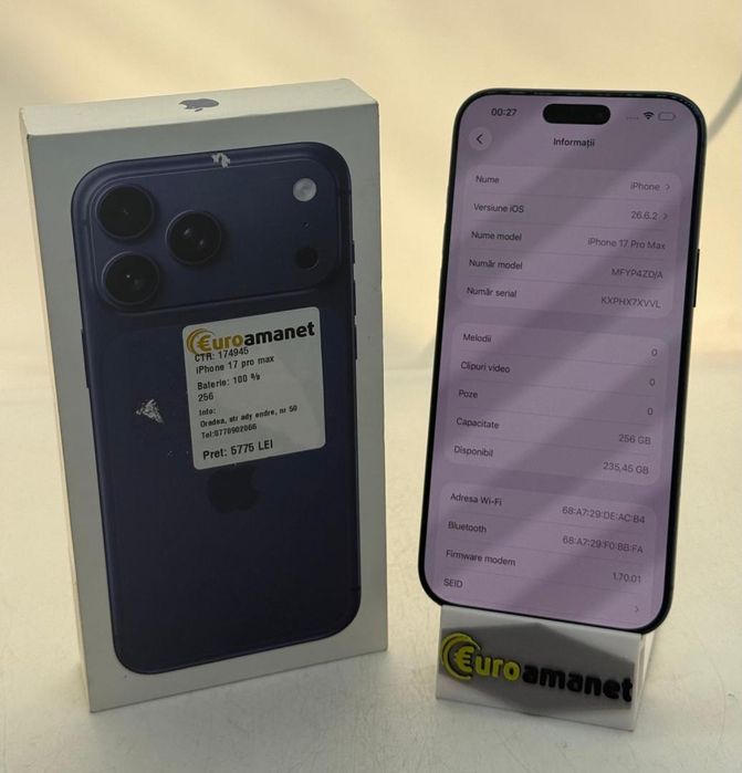 Telefon mobil Apple iPhone 17 Pro Max, 256GB, 5G, Deep Blue, Bat -A-
