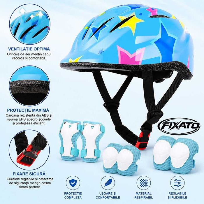 Set Protectie Pentru Copii 7 in 1, Casca cu Marime Reglabila, Genunchiere, Cotiere si Aparatori Incheieturi pentru Bicicleta, Trotineta, Role