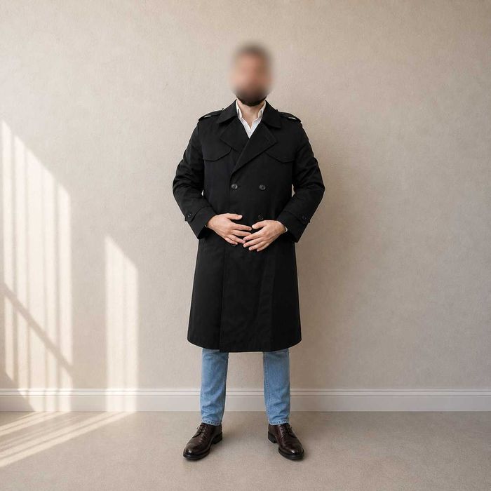 Palton trench militar negru barbati, dublu rând, căptușeală carouri, stil premium, marime L