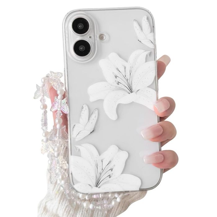 Husă iPhone 16 transparentă floare TPU rezistentă la șoc cu lanț – alb