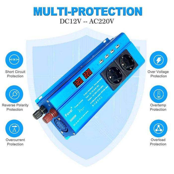 Invertor  Foval  1000,2200, 2600, 3000w 12V - 220V si priza USB 3.1