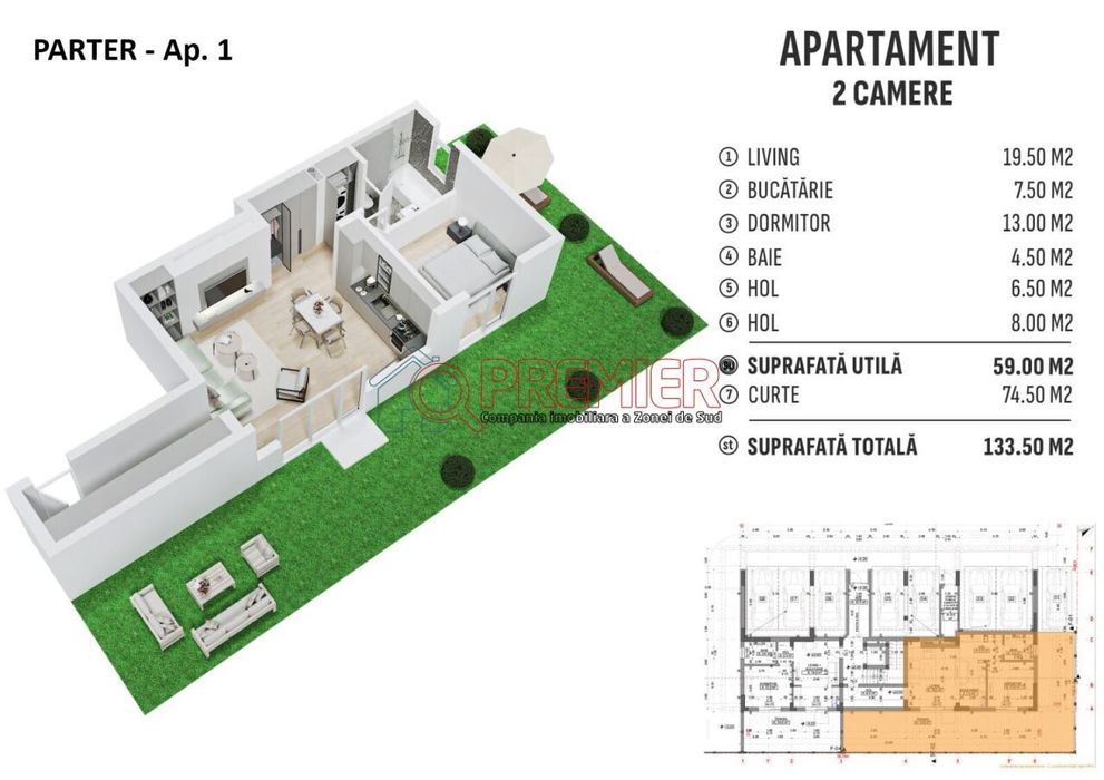 Apartament cu curte generoasă | 2 camere | Petre Costescu