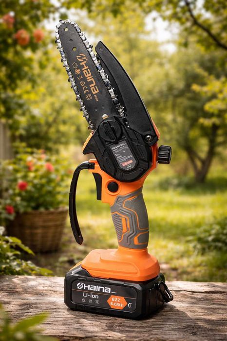 Set foarfeca electrica + mini drujba Haina 62V cu 2 acumulatori