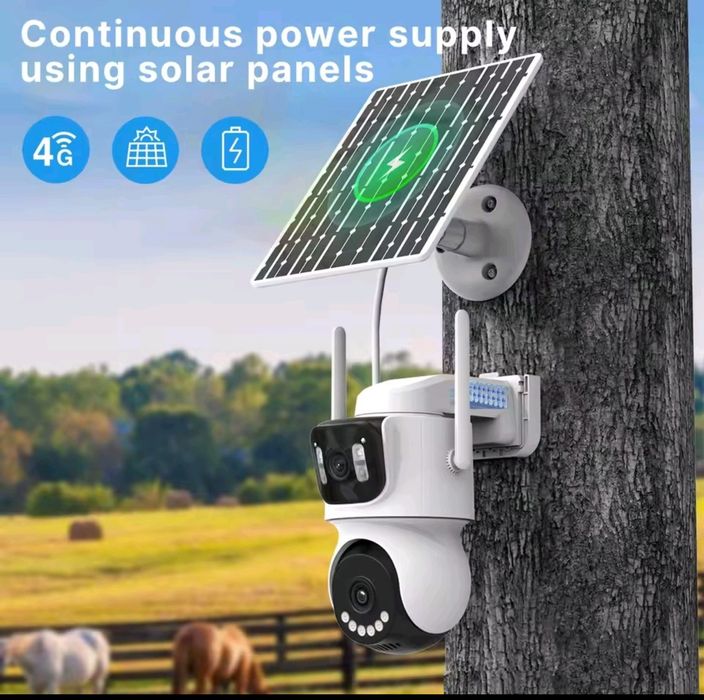 Двойна соларна безжична въртяща камера 4G 10zoom работи SIM карта