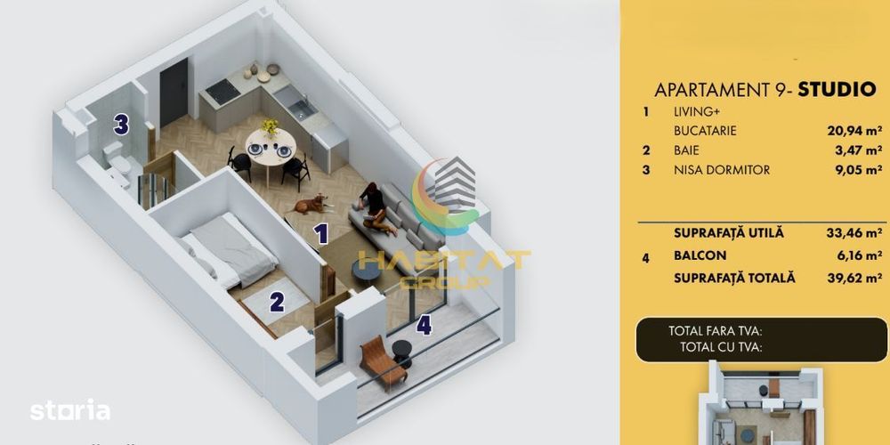 Apartament 2 camere tip studio- bloc nou