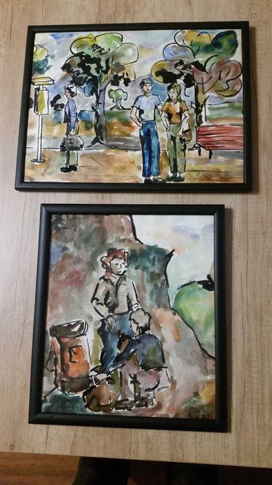 Картина, рисувана на ръка с черен туш и акварел.