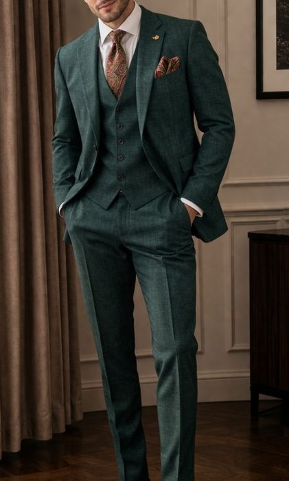 NOU Costum sacou verde bărbati foarte elegant (vest, pantaloni, sacou