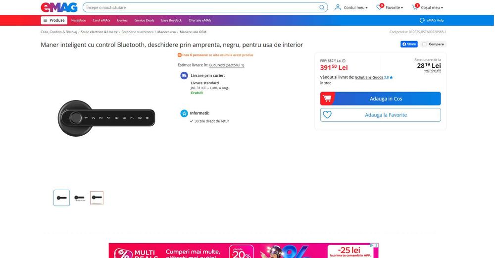 Maner Smart Amprenta+ Cifru+ App , de interior, REDUS de la 390RON
