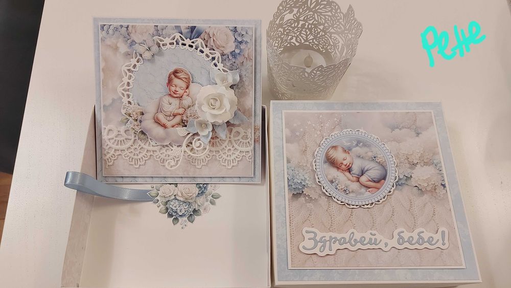 Елегантна картичка в кутия за бебе и кръщене, ръчно изработени