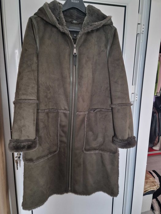 Якета от естествена кожа + тютюнево-зелено дълго палто