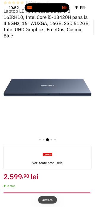 Laptop LENOVO IdeaPad Slim 3 16IRH10, Intel Core i5-13420H pana la 4.6GHz, 16" WUXGA, 16GB, SSD 512GB, Intel UHD Graphics, FreeDos, Cosmic Blue