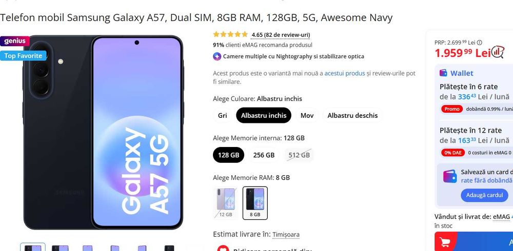 Telefon mobil Samsung Galaxy A57, Dual SIM, 8GB RAM, 128GB, 5G, Awesome Navy