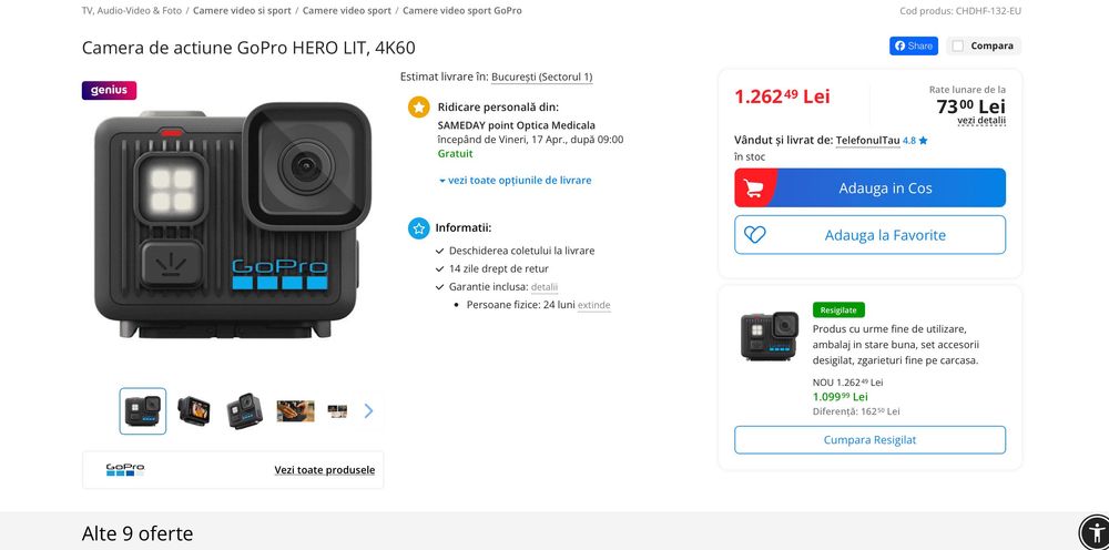 Camera de actiune GoPro HERO LIT, 4K60, comenzi vocale, flash, wifi, bluetooth