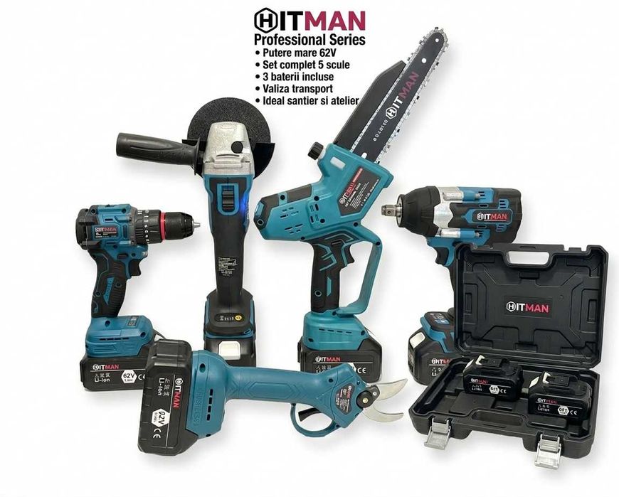 Set Scule Electrice HITMAN 62V 5 Piese cu 3 Baterii si valiza