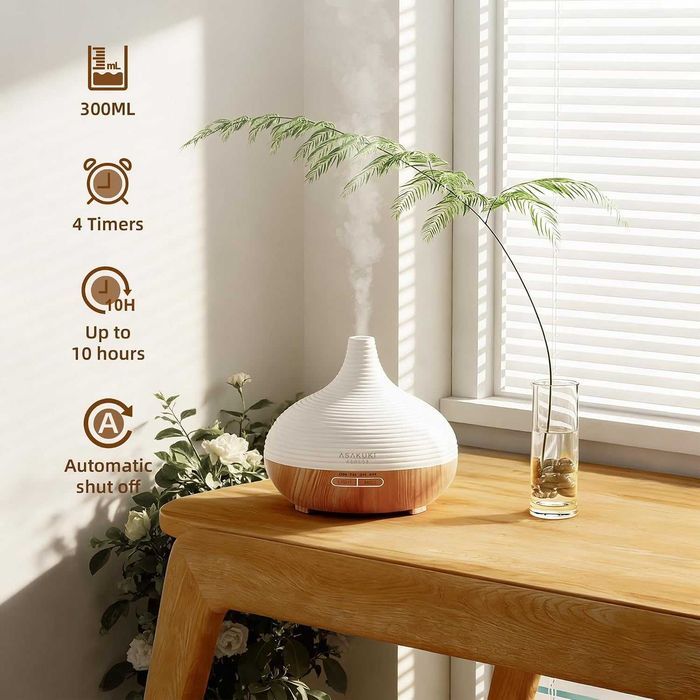 ASAKUKI 300ml дифузер за етерични масла с 4 таймера и 14 цветни LED светлини | Ултразвуков дифузер