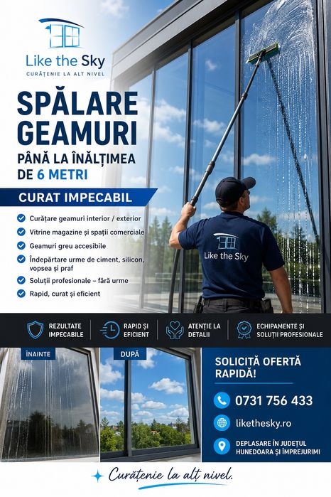 Spalare geamuri si suprafete vitrate
Ai geamuri murdare, urme de ploaie, praf sau depuneri după constructor?Like the Sky” oferă ser