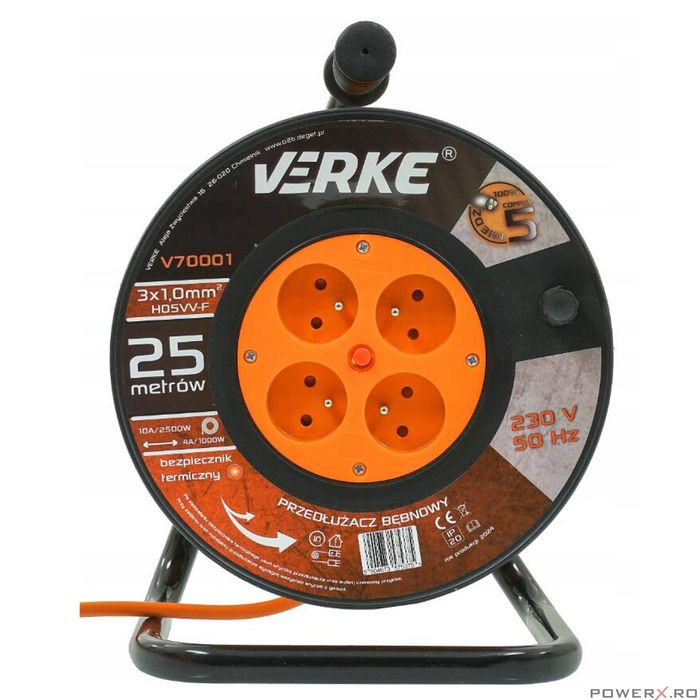 Rola prelungitor cablu cu cadru metalic, 25 metri 3 x 1 mm, Verke