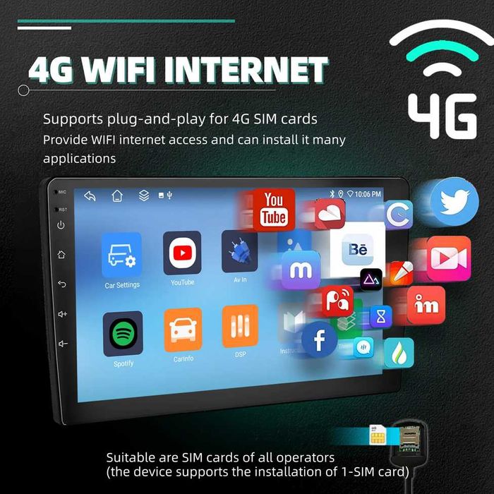 10” 2-DIN мултимедия с Android 14, 4G/LTE, RDS, 6/128GB,