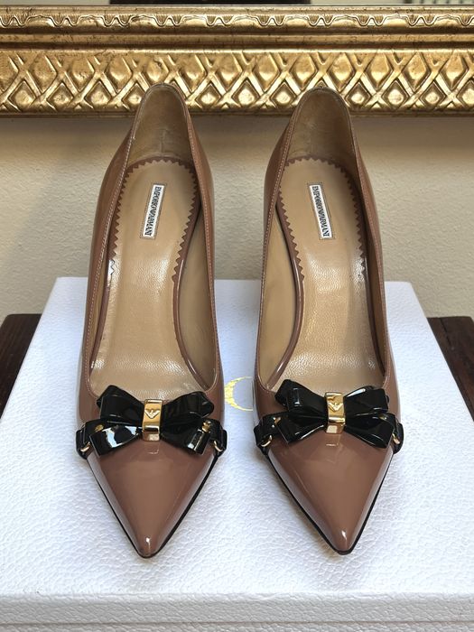 Emporio Armani, pantofi din 100% piele, bej & negru, fundă