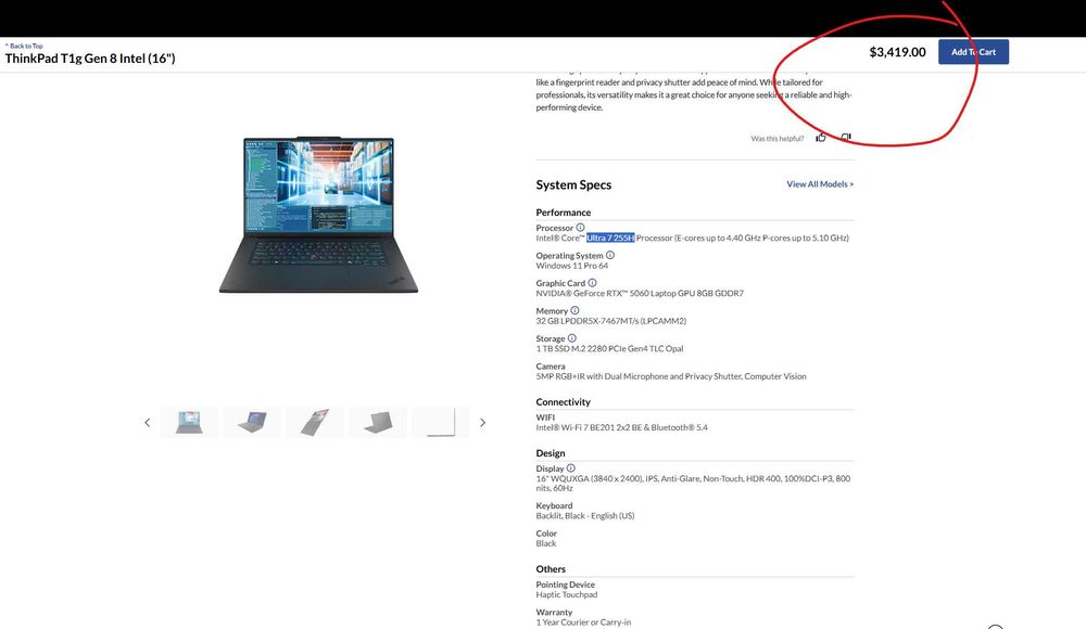 Laptop Lenovo ThinkPad T1g Gen 8 16 Ultra 7 255H 32GB RTX 5060 8GB 1TB