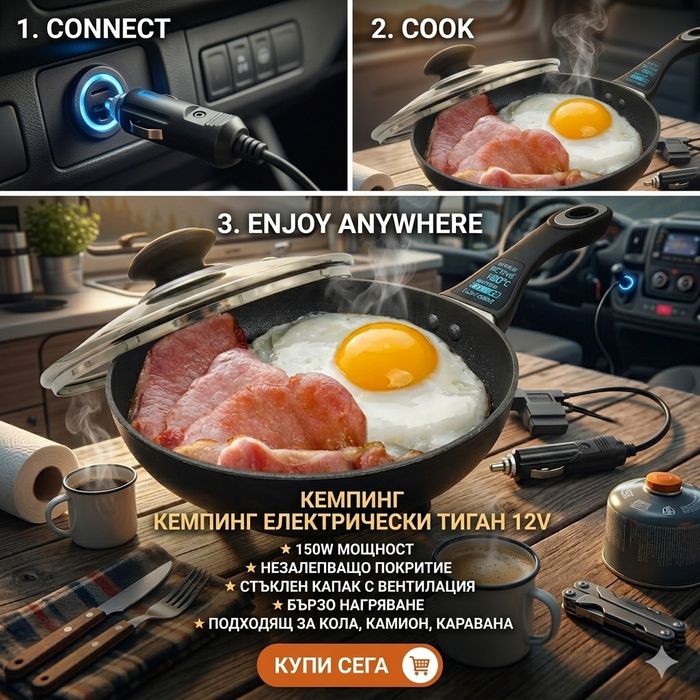 Компактен Електрически тиган за къмпинг 12V, 150W , 20см за запалка