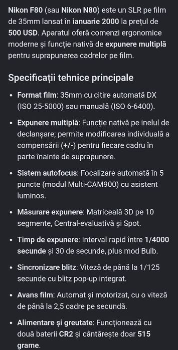 Aparat foto Nikon F 80