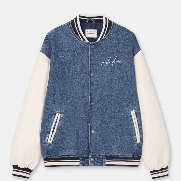 Мъжко пилотско яке от деним с ръкави от еко кожа Pull&Bear, XL