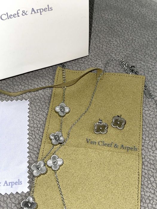 van cleef комплект сет бижута колие обеци гривна стомана детелина VC