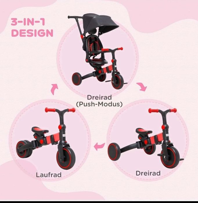 Tricicletă 3-în-1 Copii Transformabilă în Bicicletă Fără Pedale