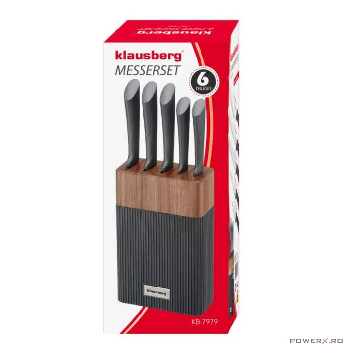 Set de cutite 6 piese cu bloc de salcam, otel inoxidabil, Klausberg