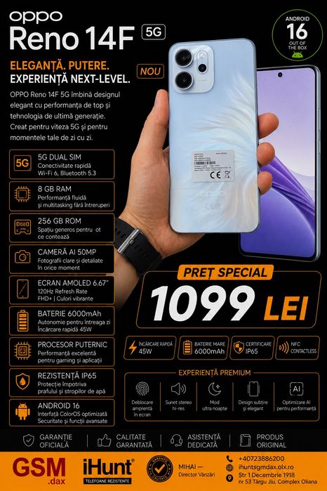 Oppo Reno 14F 5G, 8/256 GB, Nou, Garanție
