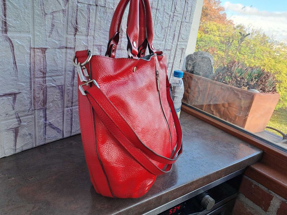 дамска чанта Pierre Cardin,голяма червена-естествена кожа