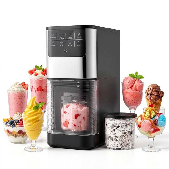 Aparat de inghetata 7 in 1, gelato, sorbet, milkshake, iaurt inghetat, 2 cupe de 0.5 L, motoare duble, functii Mix-in si Respin