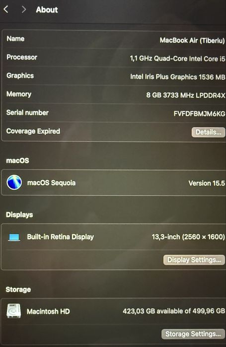 Apple Macbook Air 13 Retina, i5 1,1Ghz, 8GB RAM, 500Gbytes+Magic mouse