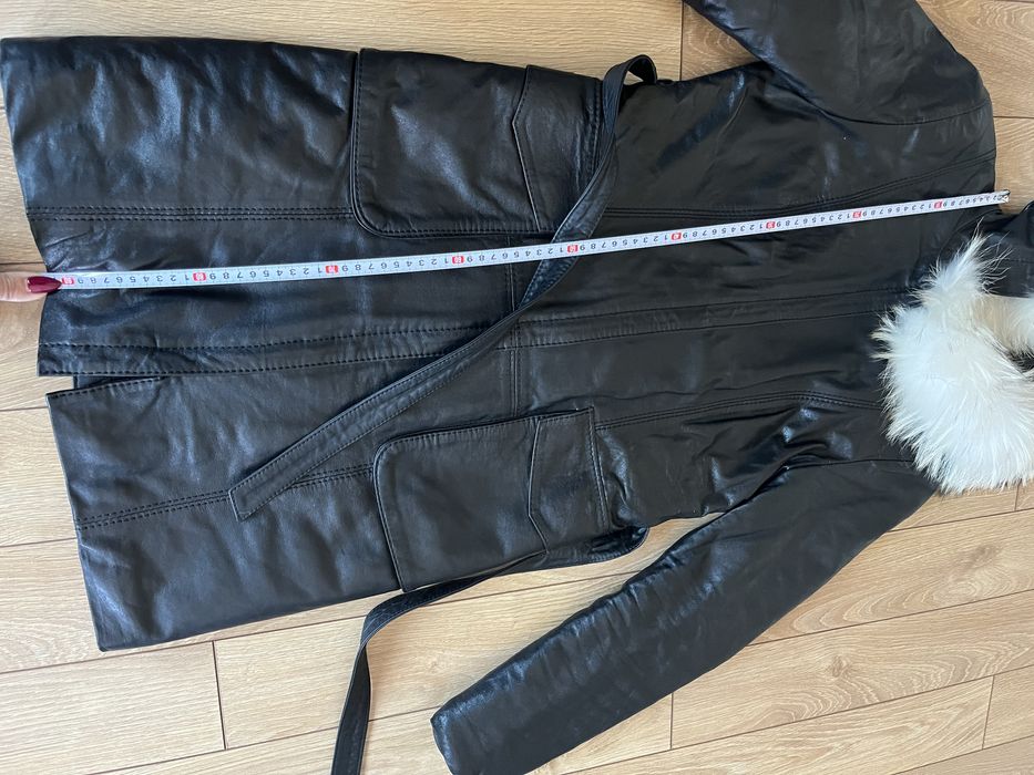 Rockeds черно кожено яке дълго палто С качулка с лисица