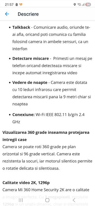 Camera de supraveghere Xiaomi Mi 360° Home Security 2K cu 64GB, 1296p,