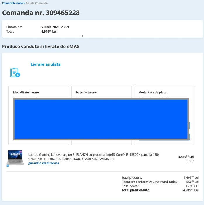 Laptop Gaming Lenovo Legion 5, 15IAH7H, RTX 3060 6GB - Intel i5 Gen 12, 16GB RAM