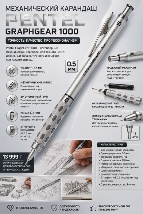 механический карандаш pentel graphgear 1000 0,5 мм