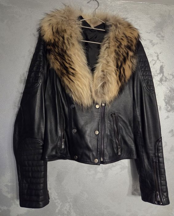 Geaca din piele cu guler din blana naturala de vulpe