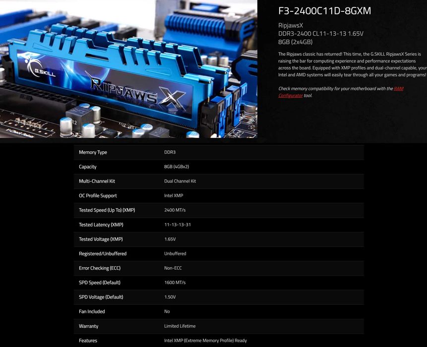 RAM 16GB 4x4gb G.Skill RipjawsX DDR3 2400Mhz